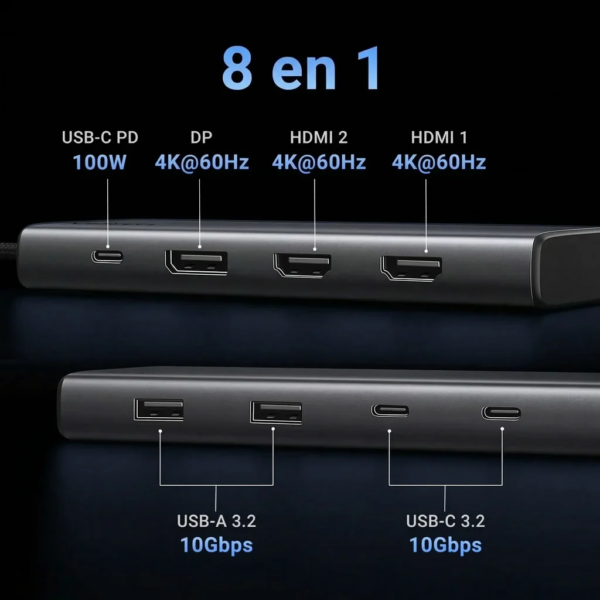 111 Hub 8 en 1 USB-C con monitor dual 100w - Ugreen